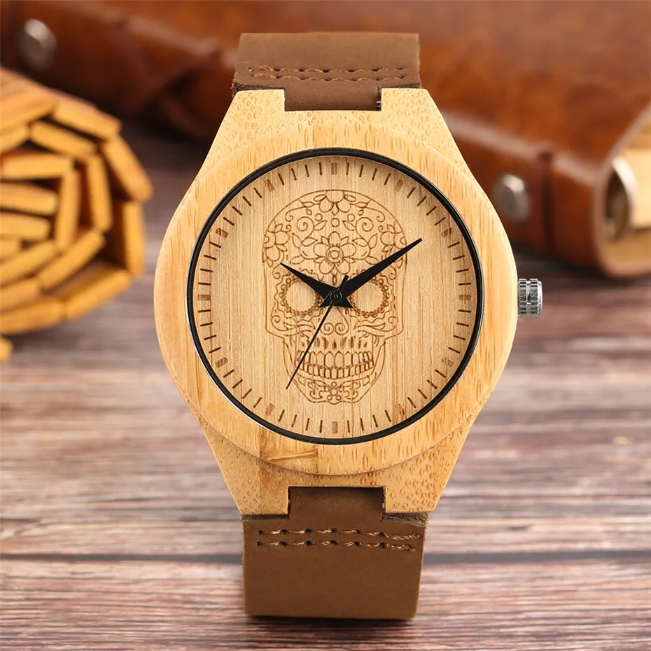 

Men's Bamboo Watch Quartz Genuine Leather Wrist Watches Ultra-light Carving Flower Skull Head Display Mens Wooden Watch W424301