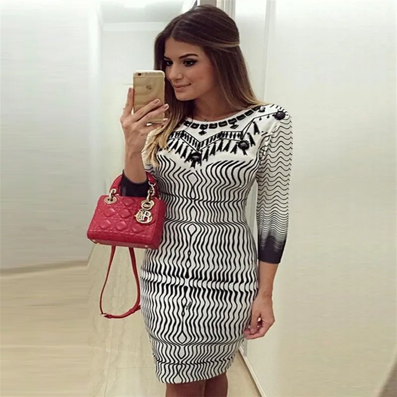 Новые модные женские туфли повязка для одежды Bodycon три четверти рукавами Круглый воротник полиэстер