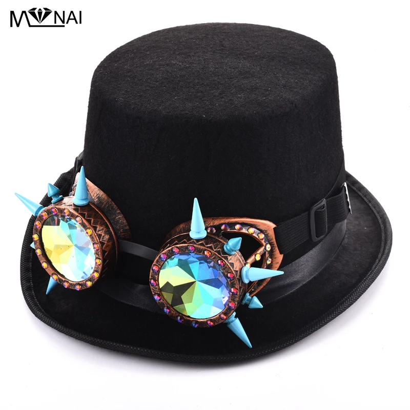 

Gothic Women's Men's Black Steampunk Hat With Pink Rivets Glasses For Cosplay Steam Punk Spikes Goggles Fedora Hat Ffor Party