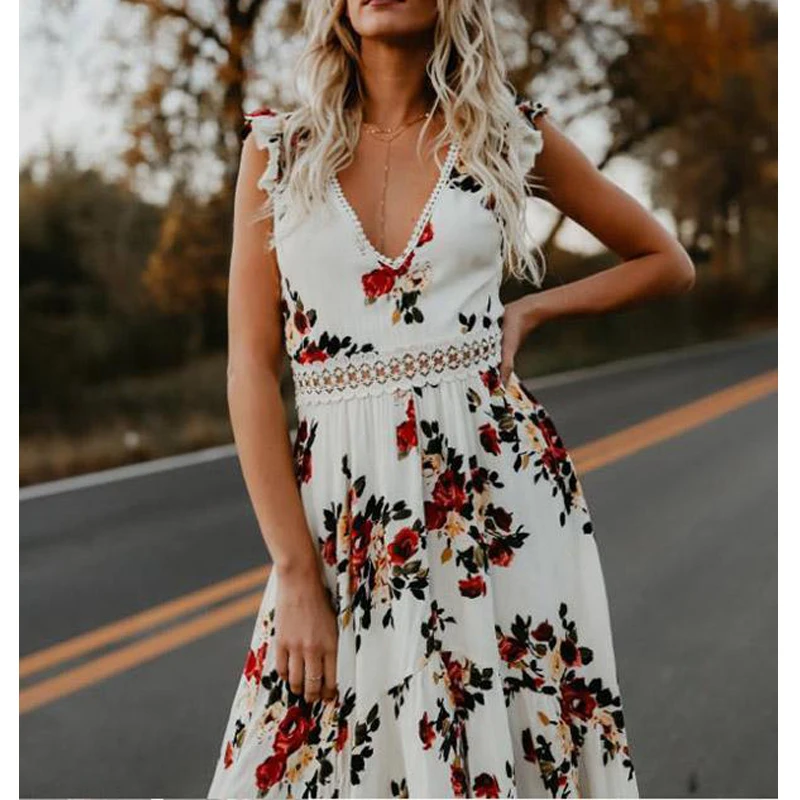 Женское платье до щиколотки Boho кружевное длиной с треугольным вырезом и