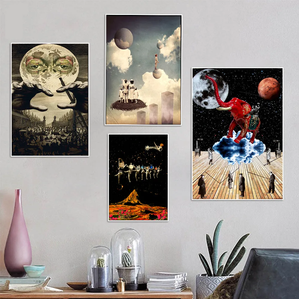 

Psychedelic Art Collage Moon Surreal Poster Prints Oil Painting On Canvas Wall Art Murals Pictures For Living Room Decoration