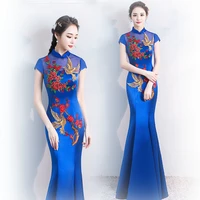 navy blue chinese dress traditional guzheng satin cheongsam vestido female mermaid long evening dresses oriental costumes xl 3xl