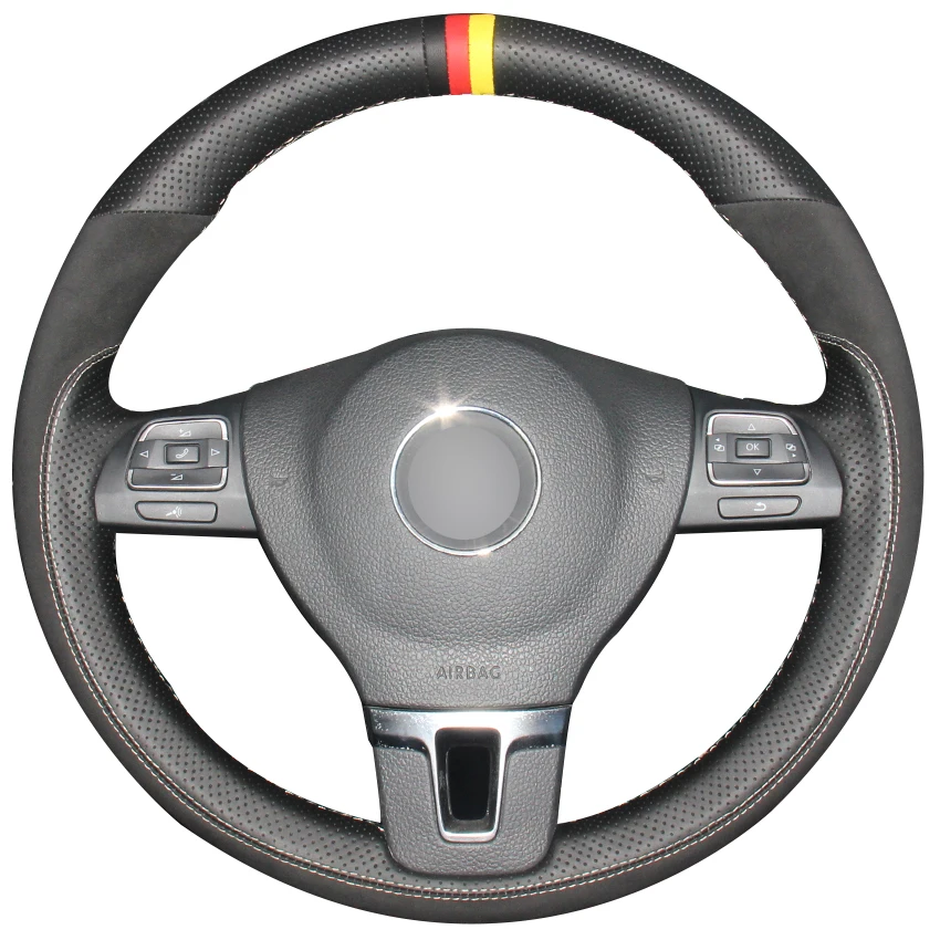 

Black Natural Leather Black Suede Car Steering Wheel Cover for Volkswagen VW Gol Tiguan Passat B7 Passat CC Touran Jetta Mk6