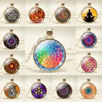 fashion 25mm cabochon round image flower mandala yoga symbol accessories glass pendant necklace jewelry creative religion gift