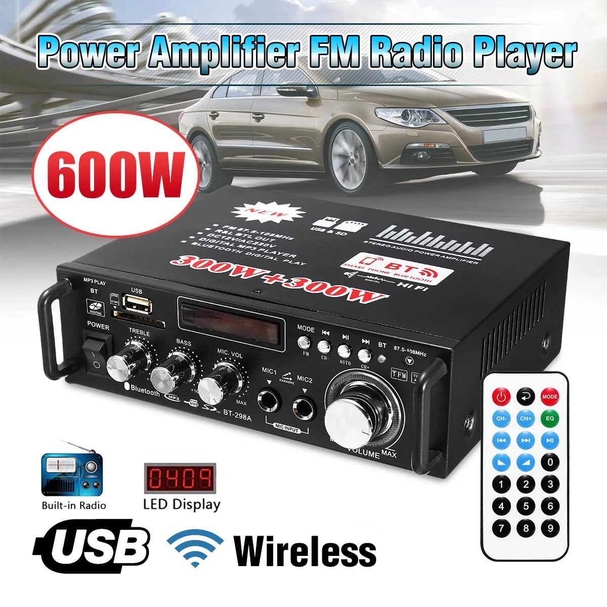600 Вт DC12V HIFI автомобильный усилитель аудио стерео мощности bluetooth FM радио 2CH 220 В