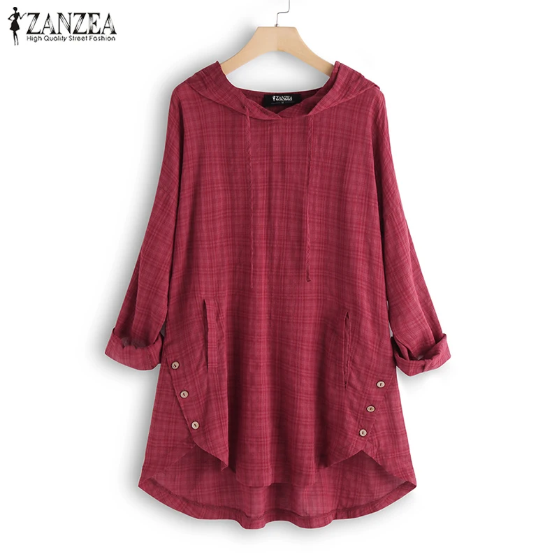 

2023 Women Plaid Checked Blouse ZANZEA Autumn Hoodies Long Sleeve Tunic Tops Hooded Blusas Shirt Female Casual Buttons Chemise