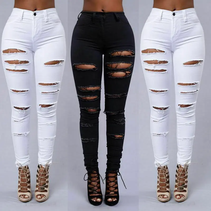 Женские джинсы с высокой талией, Узкие рваные брюки, потертые рваные джинсы, узкие брюки-карандаш