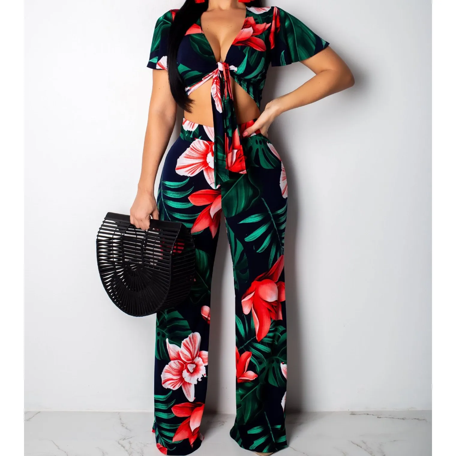 Женский летний комплект из 2 предметов с цветочным принтом сексуальный