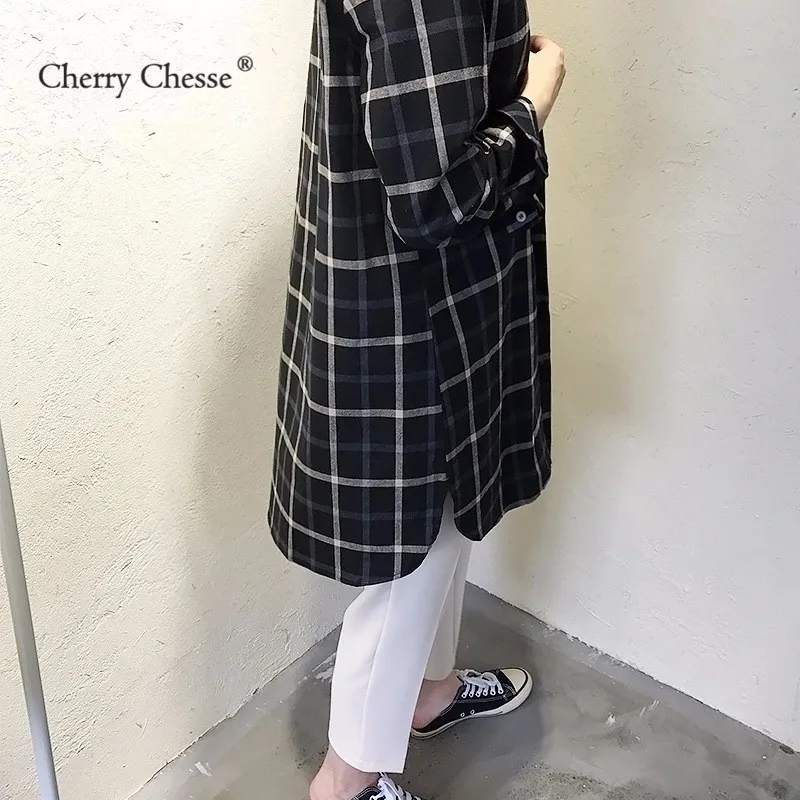 Cherry Chesse Vintage Plaid Women Blouse Button Turn Down Collar Pocket Shirt Female Autumn Spring Tops |