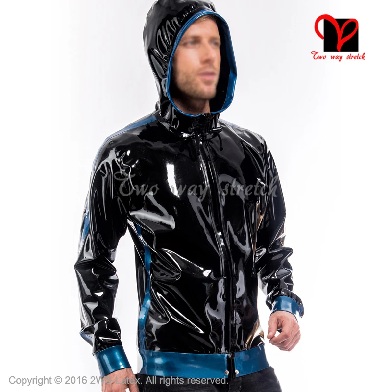 

Sexy Black And Metallic Blue Latex Jacket Hoodie Top Rubber Coat Front Zipper Plus Size Pockets Xxxl Sy-083
