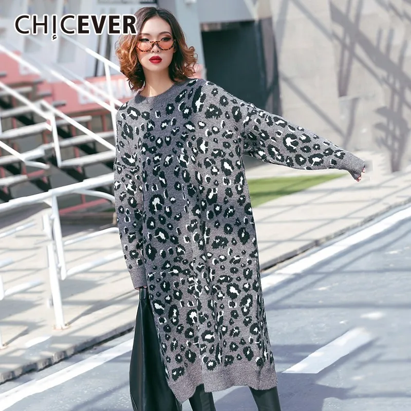 CHICEVER леопардовое платье для женщин О образным вырезом с длинным рукавом хит