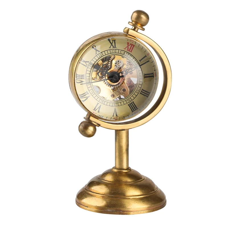 

Retro Copper Spinning Globe Gold Desk Mechanical Pocket Watch Hand Winding Movement Home Office Luxury Decoration as Collectible