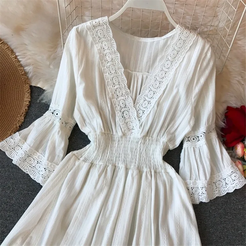 Летнее платье с цветочным узором в Корейском стиле Vestidos Mujer v-образный вырез