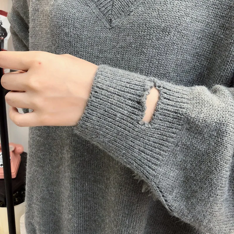 CHICEVER Knitted Sweater V Neck Patchwork Tassel Lantern Sleeve Loose Hollow Out Irregular Pullovers Tops Female Fashion Tide | Женская