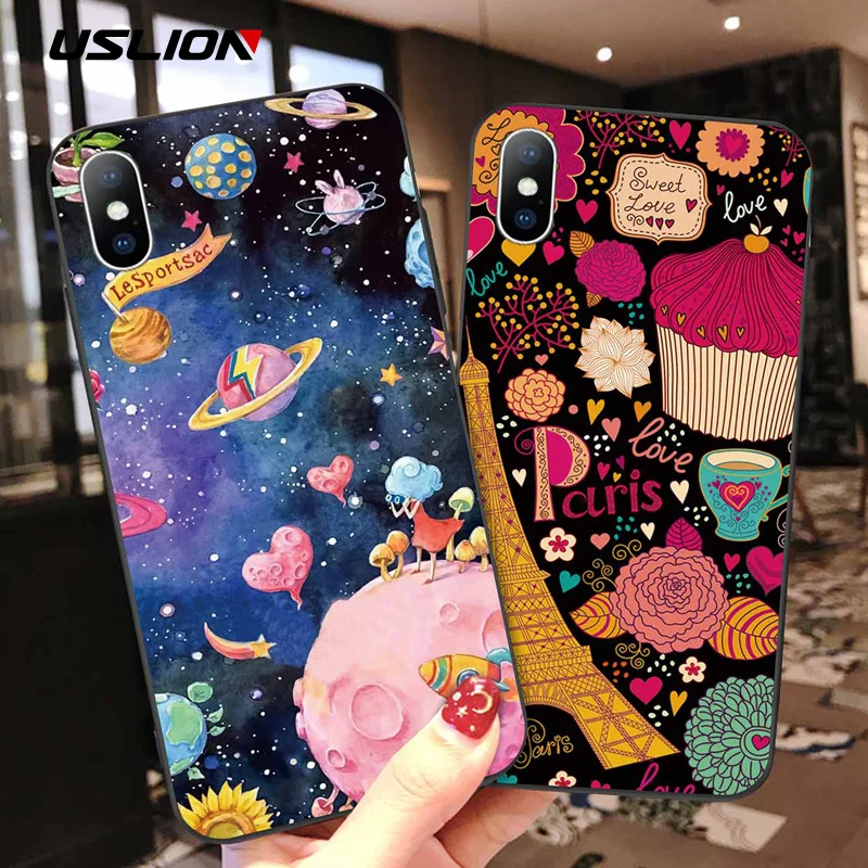 Рельефный чехол USLION с 3D рисунком для iPhone 11 Pro Max XR Xs мягкие силиконовые чехлы