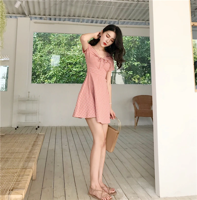 Lychee Girls Slim Plaid Lace Up Short Sleeve Summer Women Dress V Neck Causal A Line Female | Женская одежда