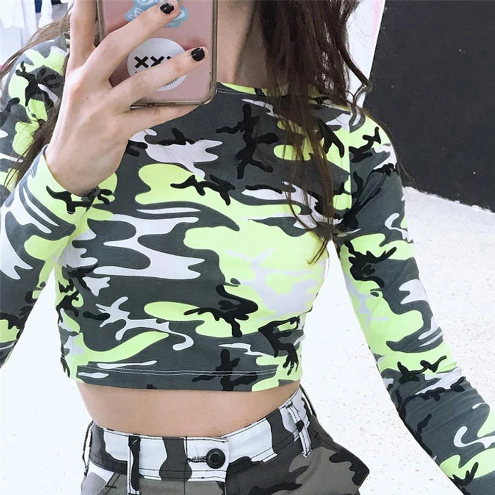 Сексуальный укороченный Топ для женщин Camoflage с длинным рукавом Slim Fit Футболка в