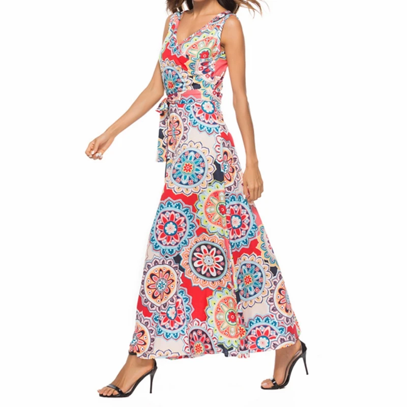 Женское летнее повседневное длинное платье макси с принтом 2019 Boho пляжное без