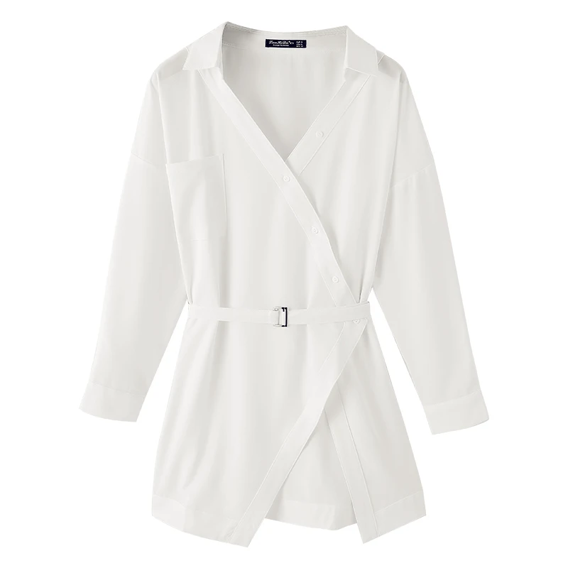 

#5019 Summer 2020 Long Shirt For Women With Belt Sexy Thin V Neck Slim Elegant Asymmetrical Blouse Long Sleeve Black Red White