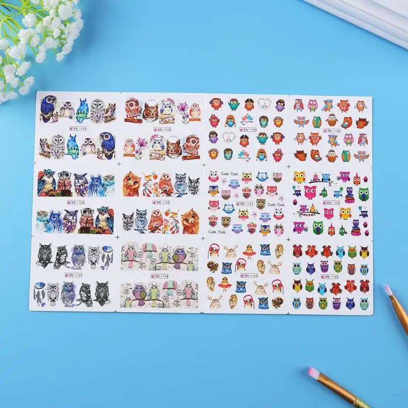 12 шт. водосберегающая насадка наклейки мультфильм Сова для ногтей Nail Art