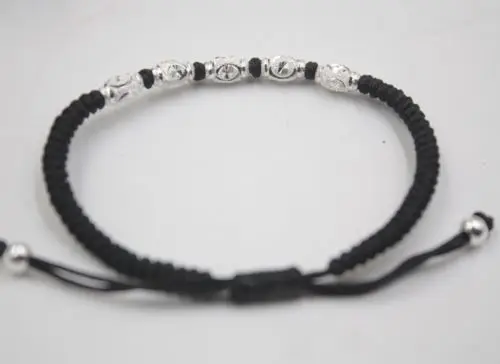 Solid 925 Sterling Silver Oval Bead Black Cord Knitted Bracelet Adjustable | Украшения и аксессуары
