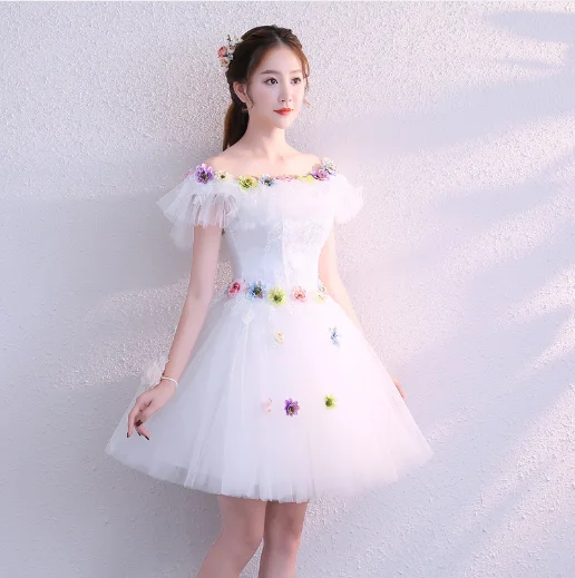 

Off the Shoulder White Mini Party Dresses Short Sleeve Lace Flowers Women Formal night Dress Vestidos