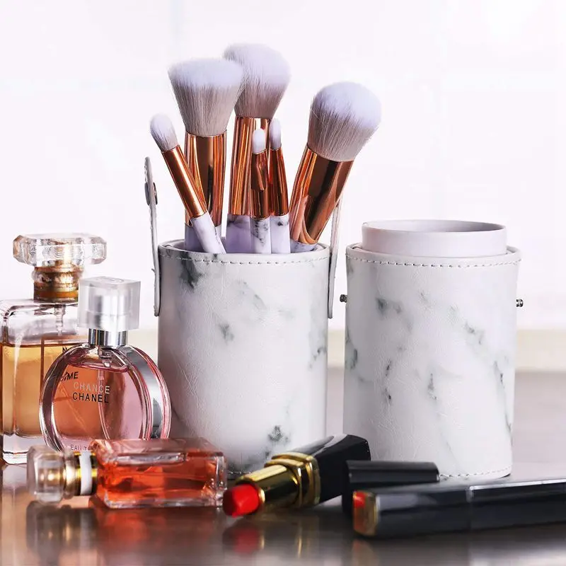 

PU Leather Marble Pattern Portable Makeup Brush Holder Cosmetics Make Up Cup Storage Organizer Case