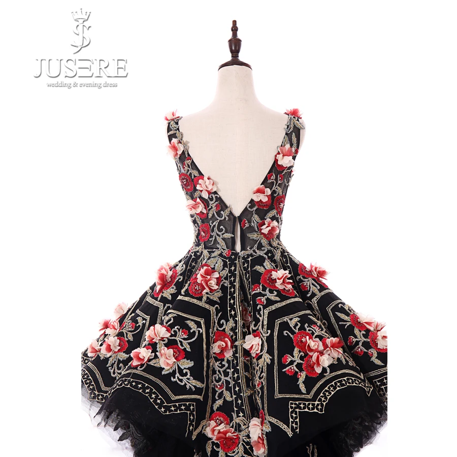 JUSERE Black Long Evening Dress 3D Flower Embroidery V-Neck Backless Sweep Train Formal Party Gowns Vestido de festa longo 2019