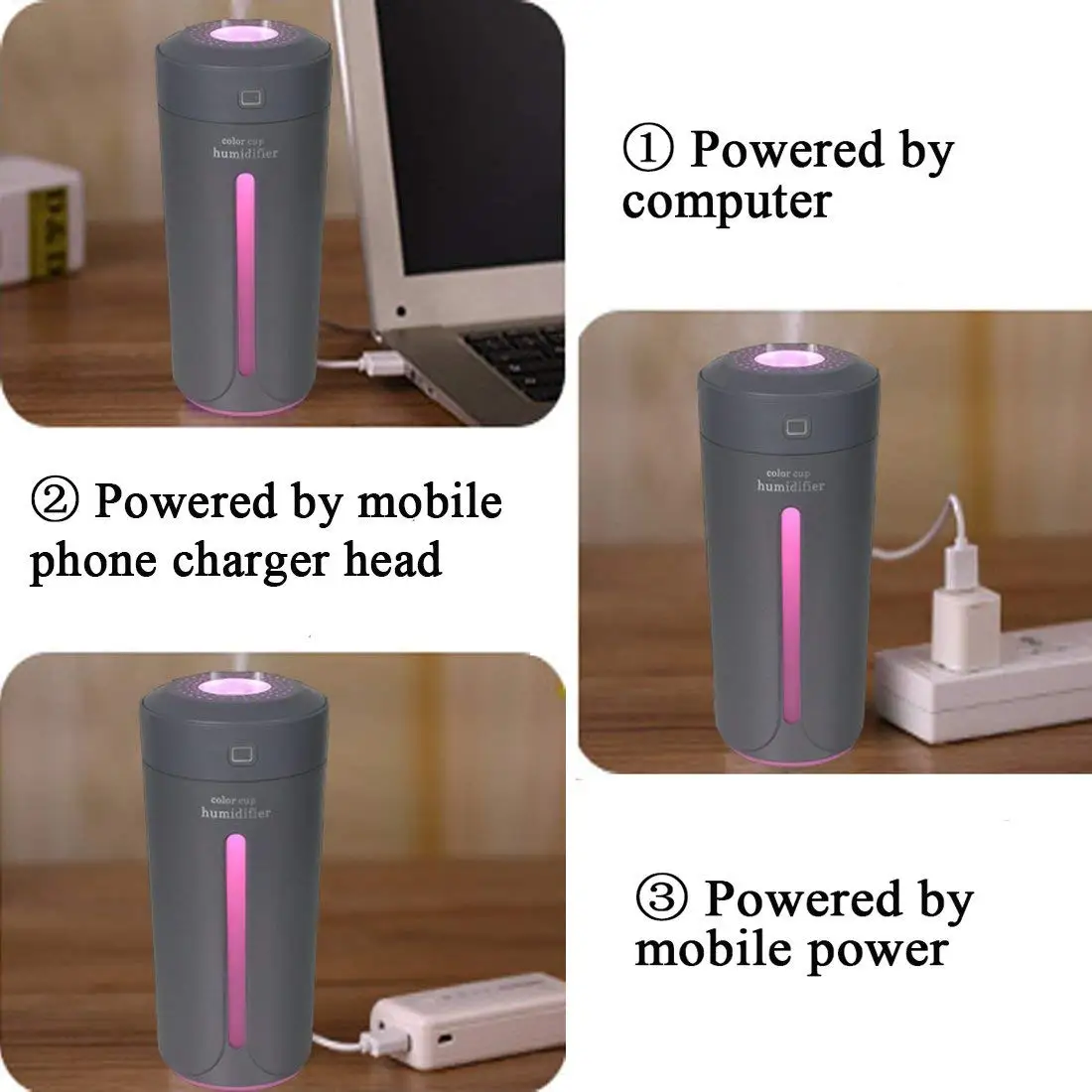 Освежитель воздуха Cool Mist объемом 230 мл с мини-USB и 7-цветной светодиодной подсветкой для помещения, офисного стола Des on.
