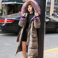 casual long winter jacket coat women fashion lattice hooded fur collar 90 white duck down jacket slim warm feather overcoat 205