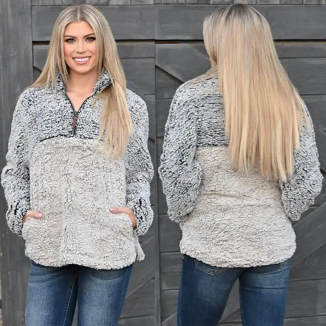 Women Fashion Pullovers Contrast Color Zipper Casual Patchwork Fall and Winter Thick Relaxed Plush Sweater | Женская одежда