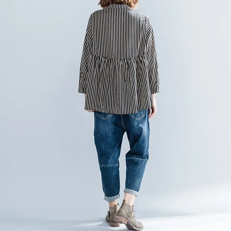 BUYKUD Women Spring Autumn Striped Shirt Casual Long Sleeves Spliced Cotton Turn-down Collar Plus Sized High Waist |