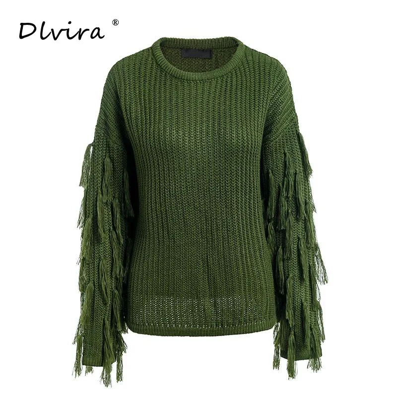 Green femme pullover loose neck female sweater autumn women 2018 winter pull Tassel jumper knitted Casual army O | Женская одежда
