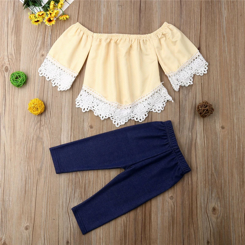 2 шт. кружевная футболка с открытыми плечами и длинные брюки | Мать ребенок