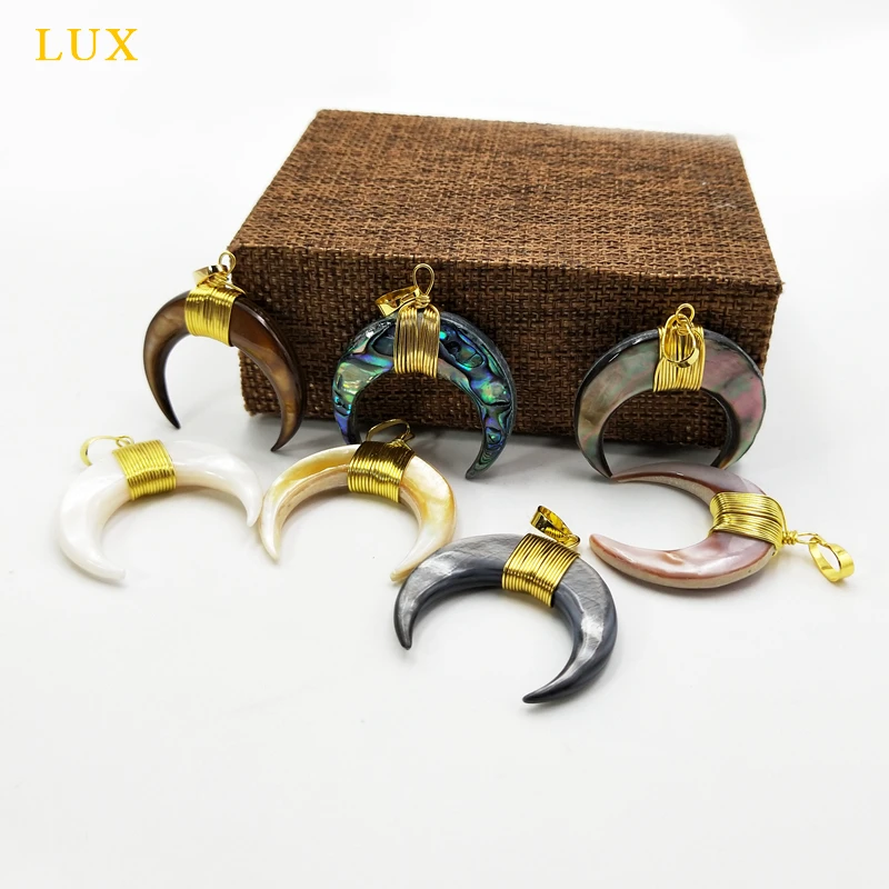 Crescent Moon Pendants Double Horn Pendant With Electroplated Gold Edges Charms wire wrap natural shell jewelry | Украшения и