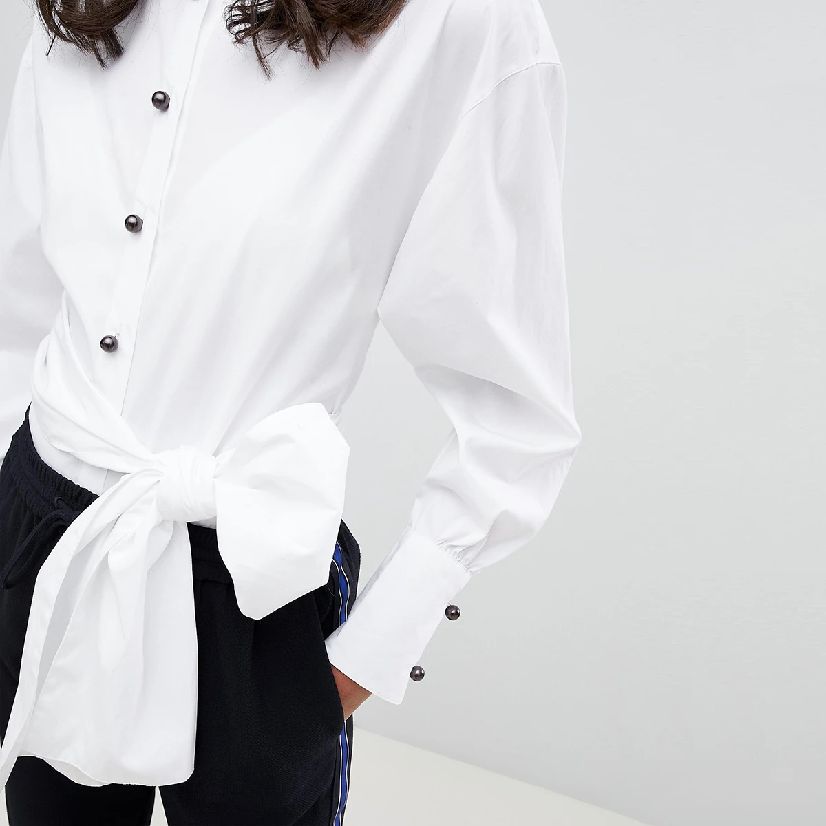 HYH HAOYIHUI 2019 New Tops Office Commuter Ladies Long Sleeve Bow Slim White Shirt Female Cute |