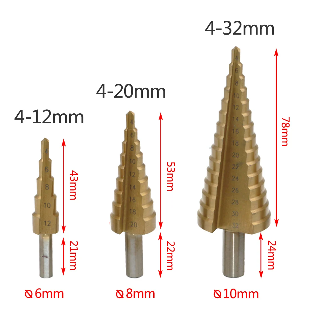 

Titanium Step Drill Bit 4-12mm 4-20mm 4-32mm HSS Step Cone Cut Tools Metal Drill Bit Set for Woodworking carpentry wood cutters