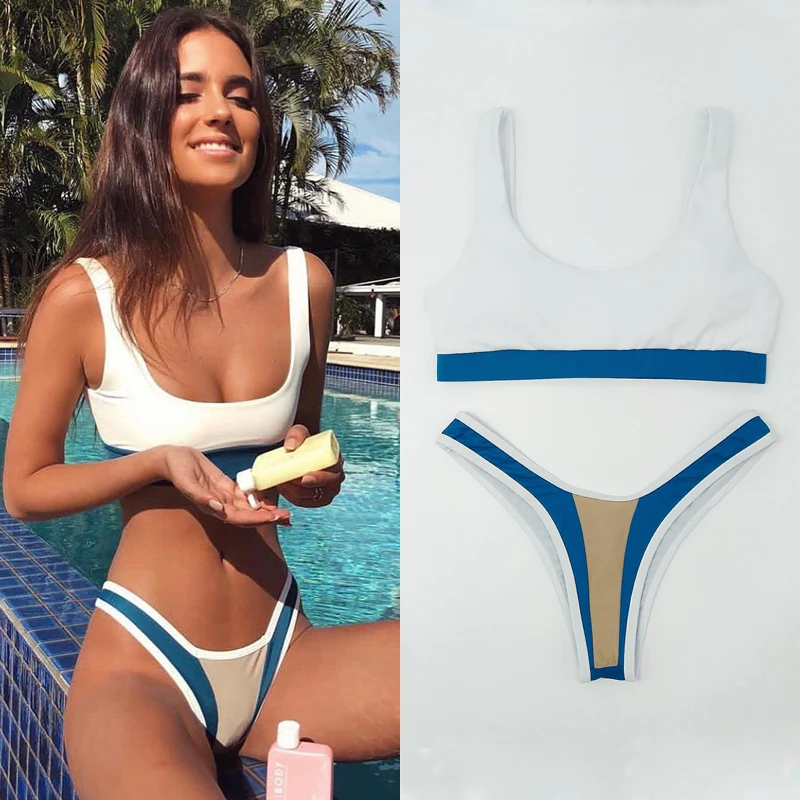 

2019 Sexy Thong Bikini Set Women Swimwear New Push Up Padded Patchwork Biquini Stripes Beach Monokini Bathing Suit Swimsuit HoT