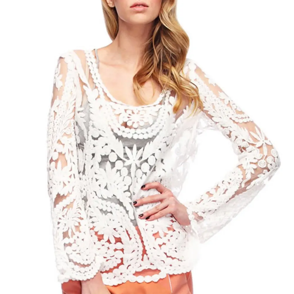 Wipalo Women Stylish Scoop Collar Long Sleeve See-Through Solid Blouse Ladies Summer Fashion Beach Cover Up Tops | Женская одежда