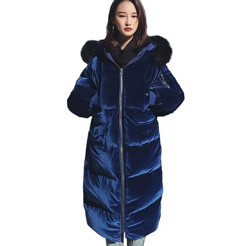 Big Raccoon Fur Collar Parka Winter Velvet Hooded Women Long Down Jacket New Fashion White Duck Feather Coat Plus Size HJ100