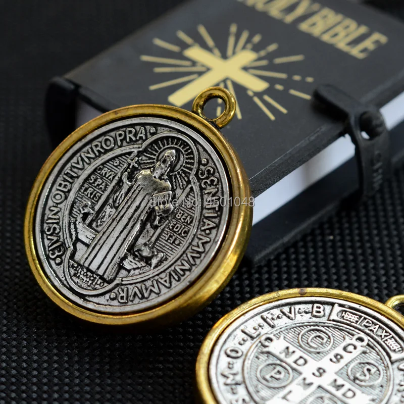 Catholic st. benedict Saint metal pendant sanctia patris bless protect exorcism golden border Antique Silver doublesides medal | Украшения