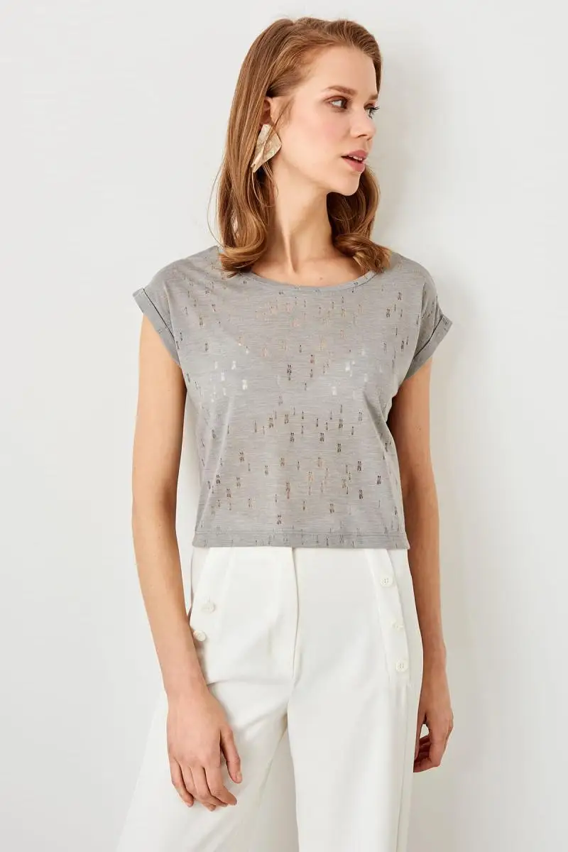 Trendyol серый Pourer Detaylı Crop трикотажная футболка TWOSS19FV0159|Футболки| |