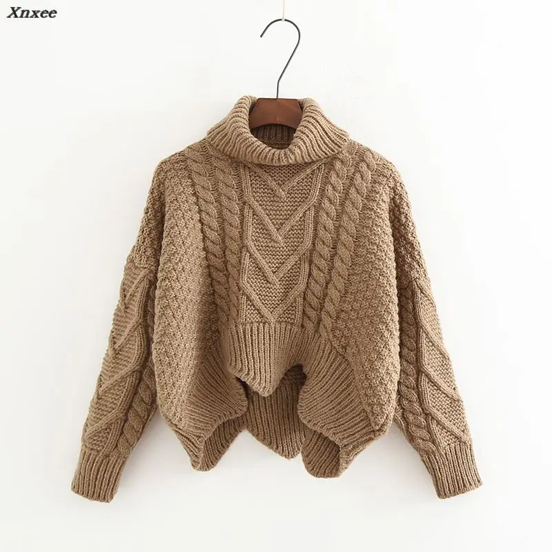 Thickened Sweater Women's Autumn Winter Korean Style Loose Twist Knitted Short Design Pullover Turtleneck Black Brown Female | Женская