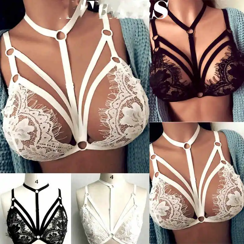 UK Floral Lace Halter Bralette Lined Bra No Pad Crop Top V Neck Exotic Lingerie Sexy Feminina Choker Strap Solid | Тематическая
