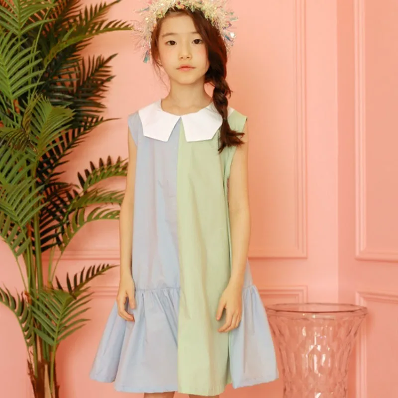 100% Cotton Patchwork Big Children Summer Dress Kids Dresses For Girls 2019 Peter Pant Collar Orange Blue Toddler Sundress Cute | Детская