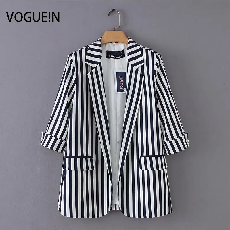 VOGUEIN новые женские 3/4 рукав повседневное Полосатое пальто с принтом костюм