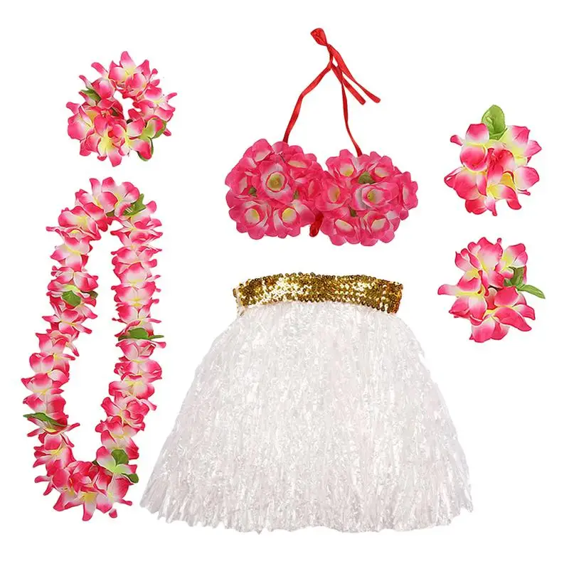 

1 Set Hawaii Hula Grass Skirt Set 40cm Tropical Performance Costume Neck Wreath Bracelets Headband for Party