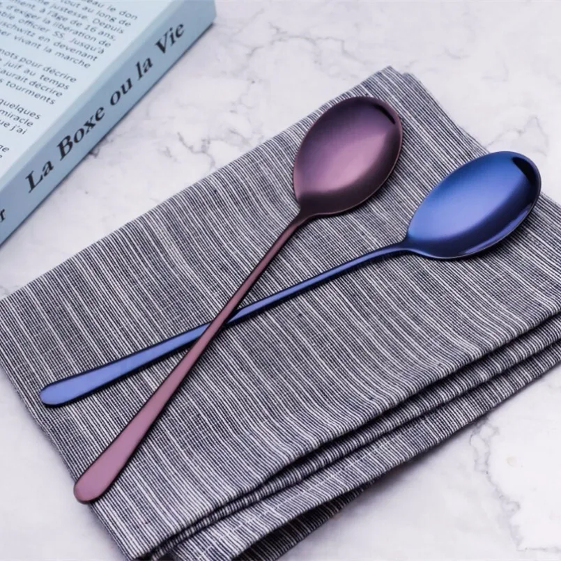 New Soup Spoons 2PCS 304 Stainless Steel Colored Long Handle Kitchen Spoon Household Stirring Tea Tableware For Dinner | Дом и сад