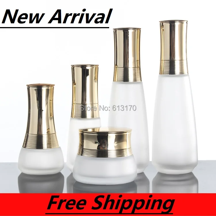 

120ml,100ml,,45ml,30ml Frosted Glass Lotion Pump Bottle,Cone Shape,Bright Gold Cap,50g Empty Cream Jar,Cosmetic Packing Bottle
