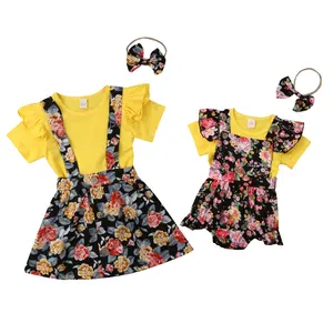 Комплект одежды для маленьких девочек с цветочным рисунком, топ, футболка, Ромпер на бретелях для маленьких сестер, платье для большой сестры, юбка, наряды, одежда для девочек